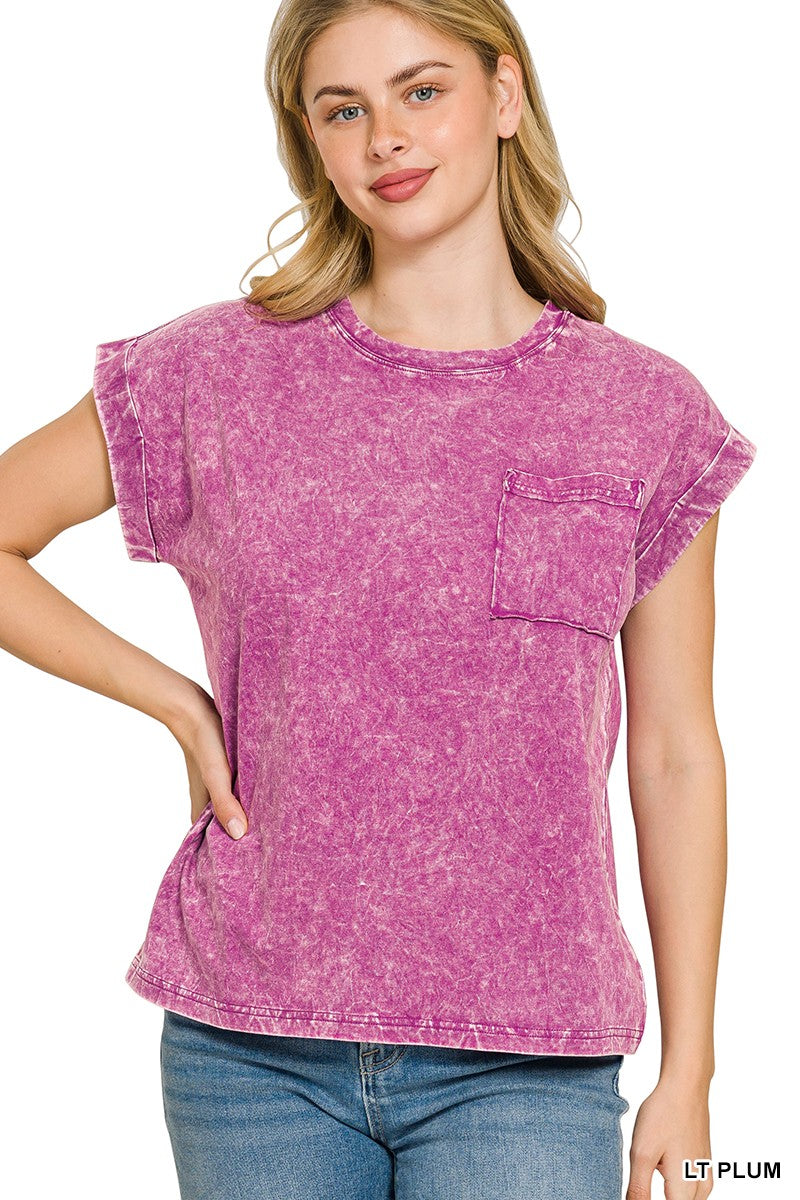 Crinkle Washed Round Neck Folded Short Sleeve Tee Plus Size in Light Plum for Women