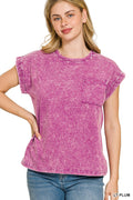 Crinkle Washed Round Neck Folded Short Sleeve Tee Plus Size in Light Plum for Women