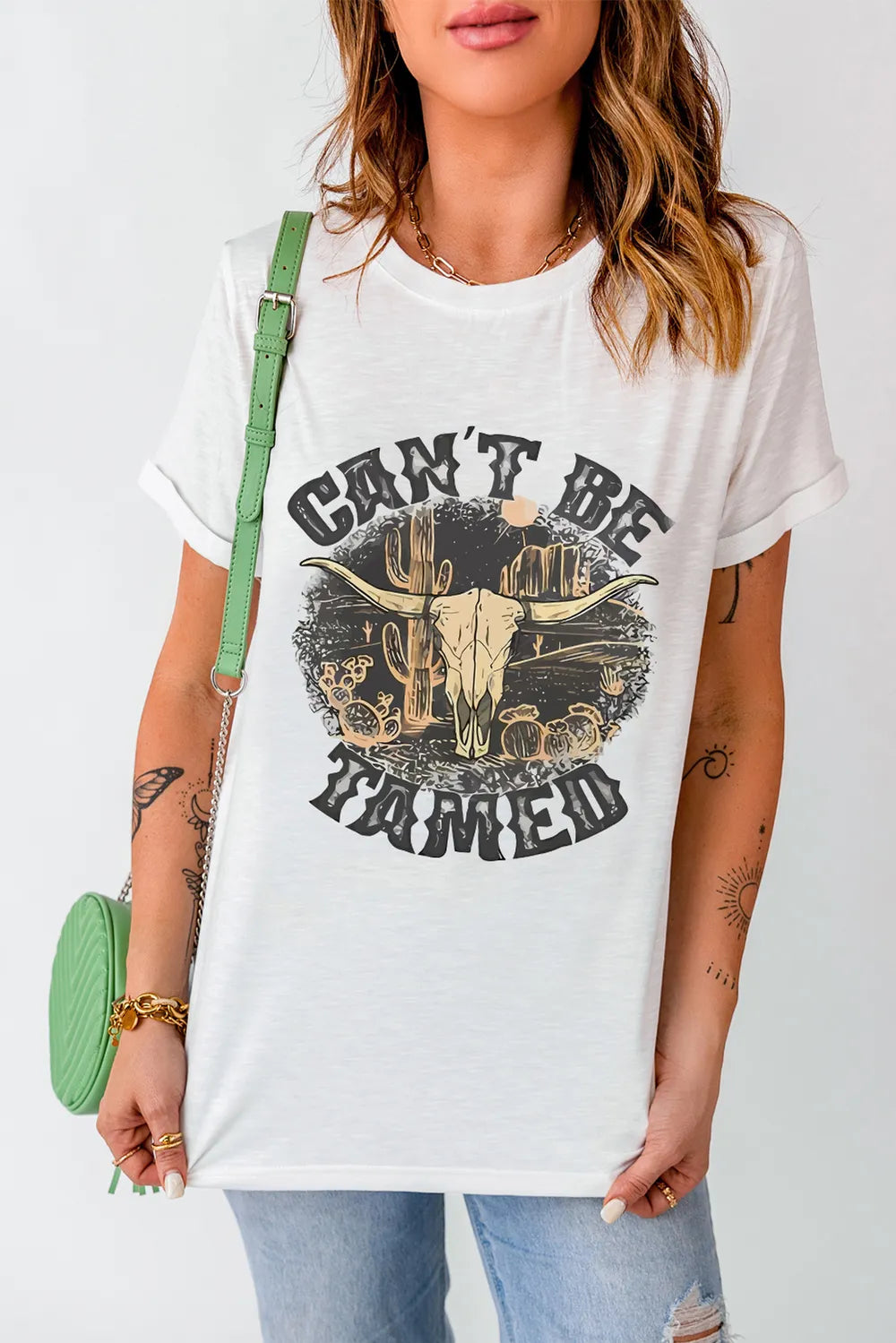 Graphic Round Neck Short Sleeve T-Shirt in Classic in White for Women