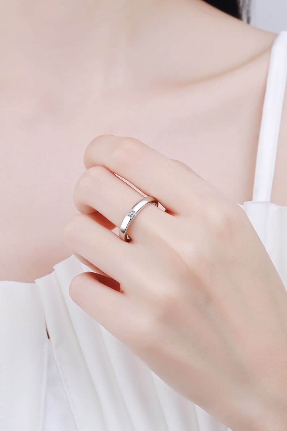 Inlaid Moissanite Rhodium-Plated Ring in Silver for Women
