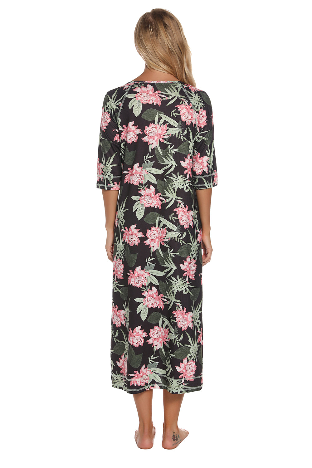 Printed Slit Night Dress with Pockets in Army Green for Women