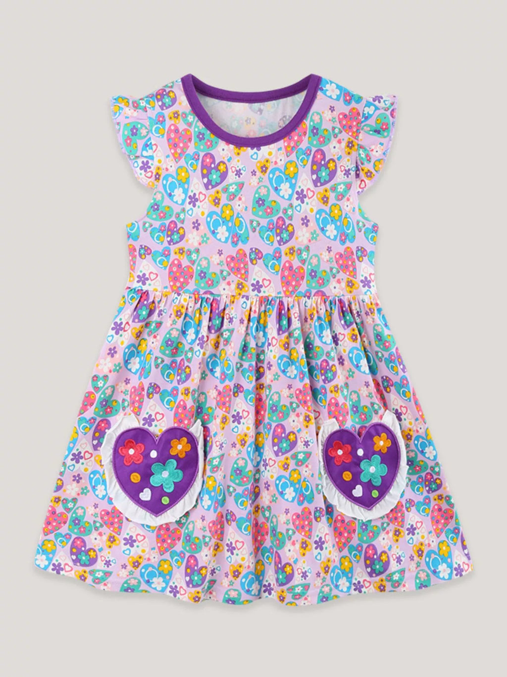 Butterfly & Heart Print Pocket Ruffle Sleeve Dress in Multicolor for Girls