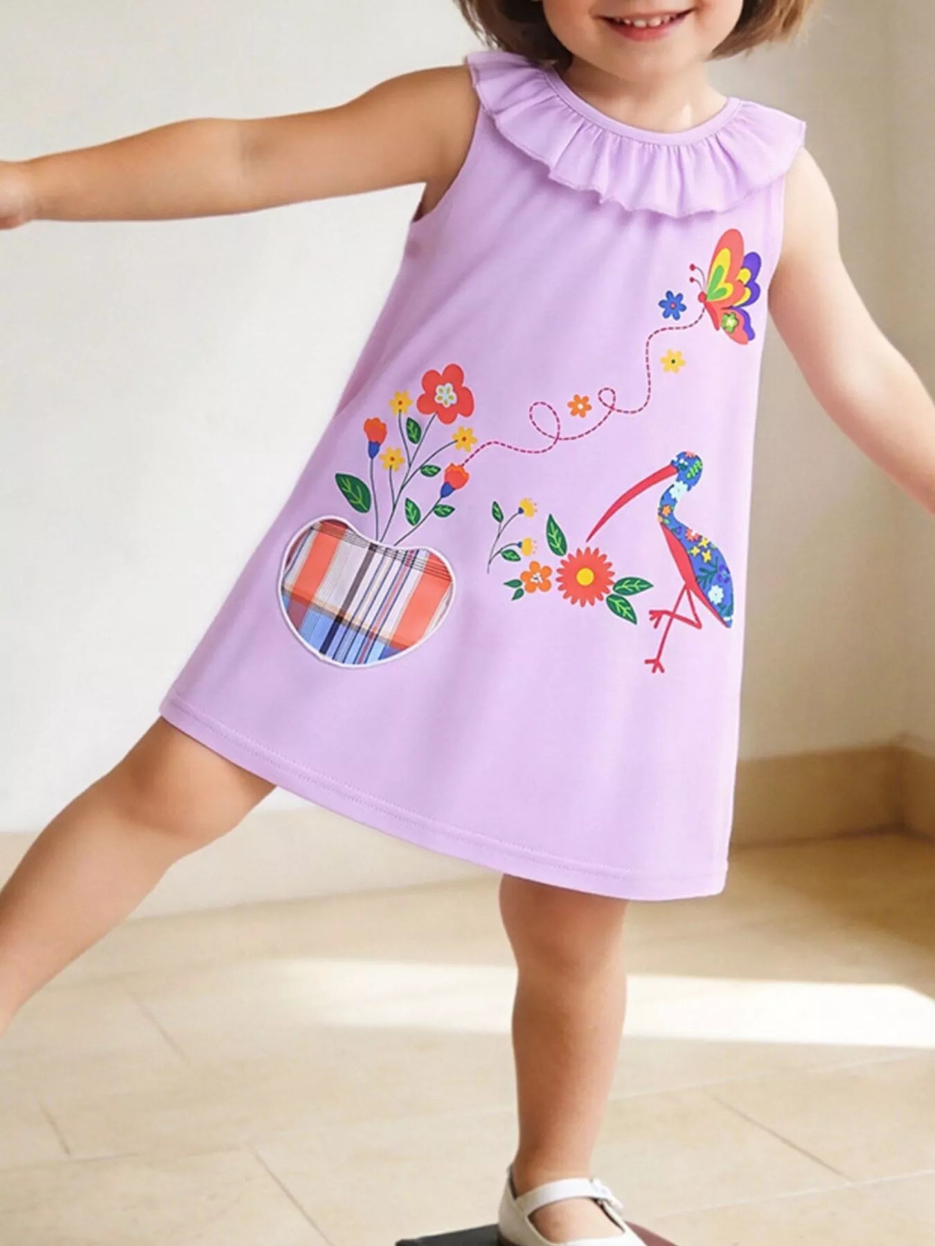 Ruffle Collar Floral a-Line Dress in Lavender for Girls