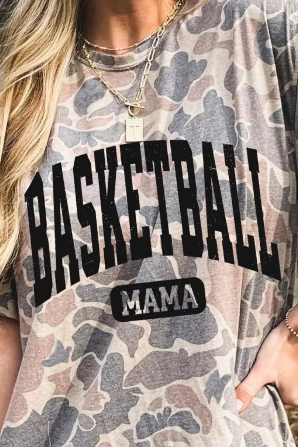 Basketball Mama Camo Print Relaxed Fit T-Shirt in Mocha for Women
