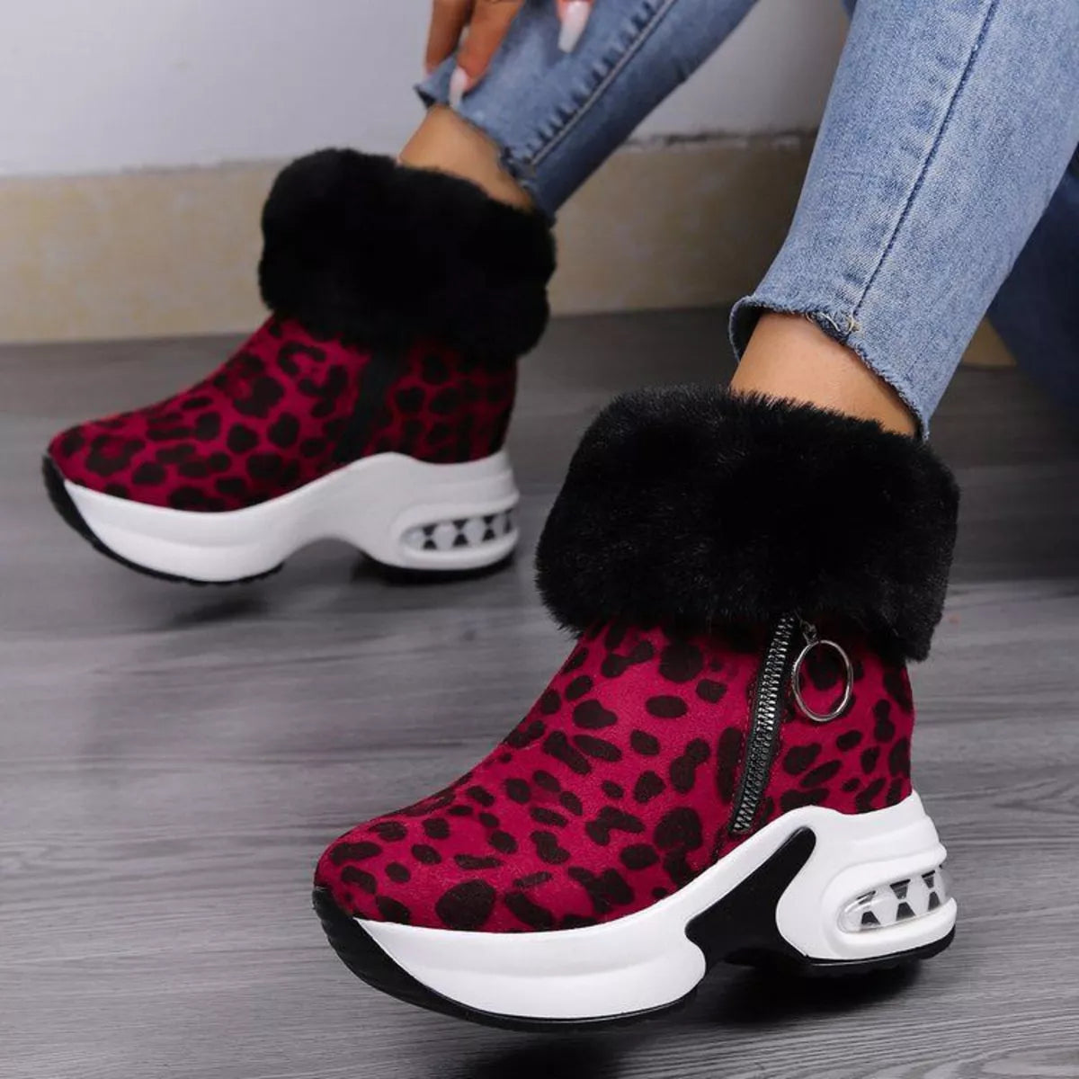 Fuzzy Side Zipper Platform Ankle Boots in Gray for Women