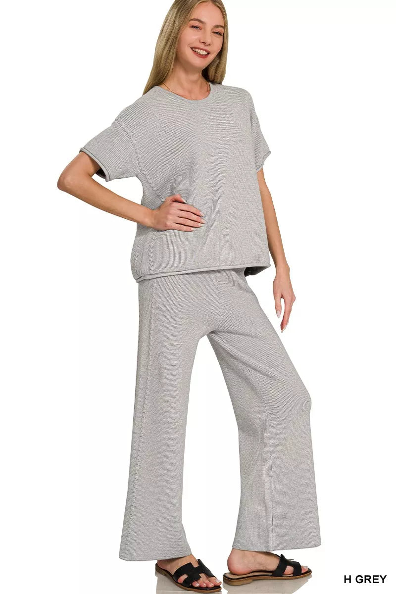 Viscose Round Neck Top & Pants Set in Heather Grey for Women