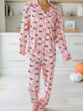 Halloween Ghost Print Button Up Top and Pants Lounge Set in Dusty Pink for Women