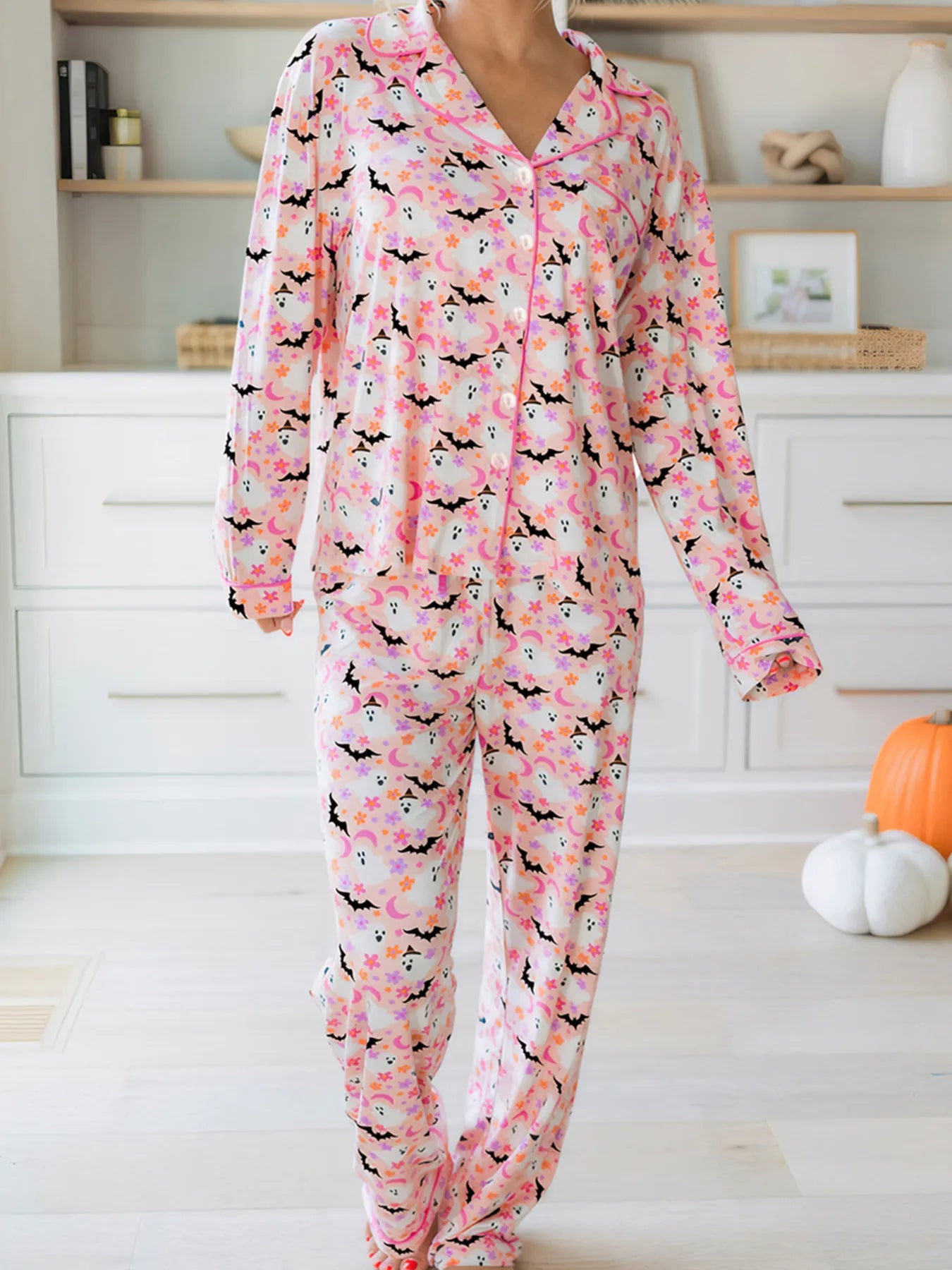 Halloween Ghost Print Button Up Top and Pants Lounge Set in Dusty Pink for Women