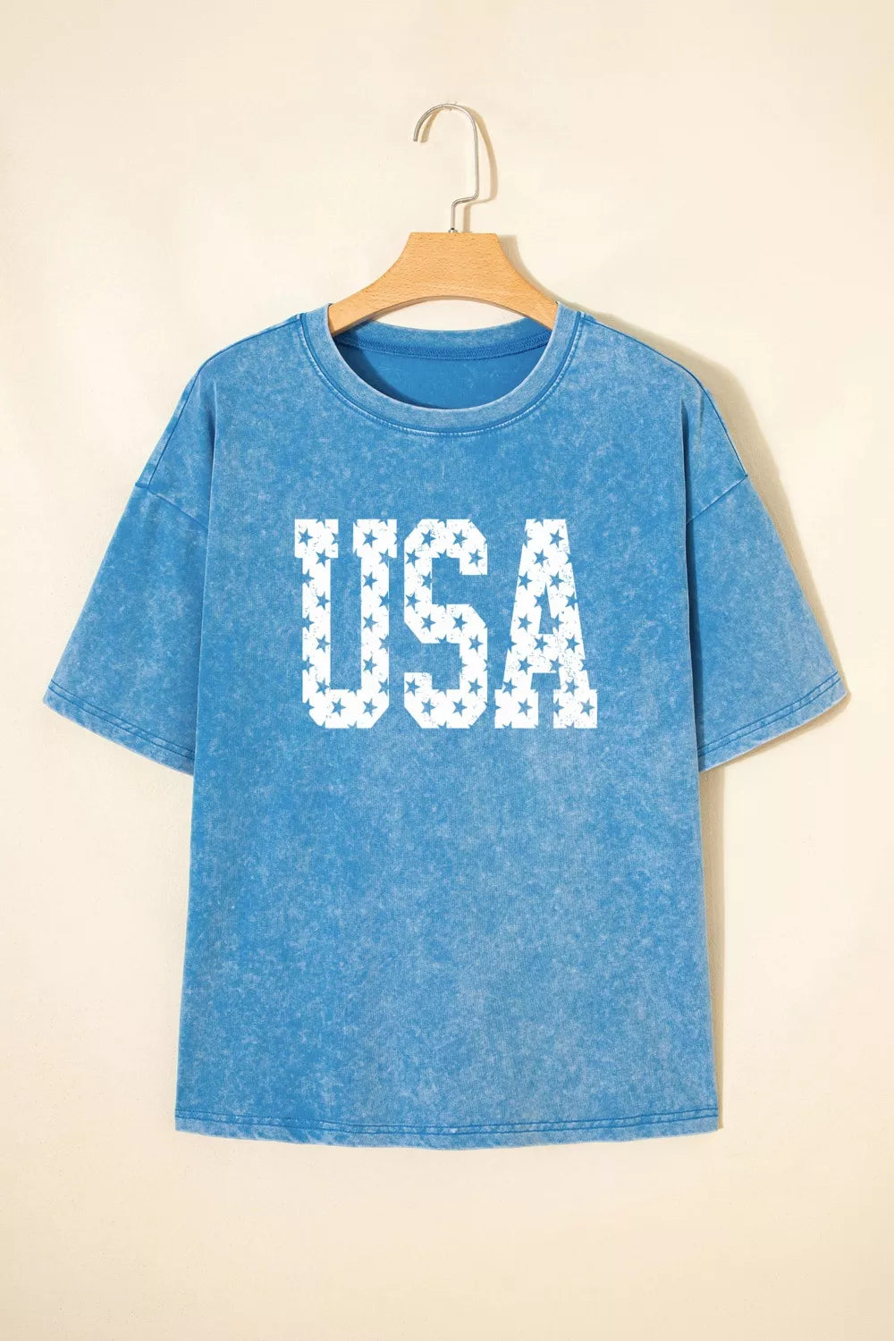 USA Star Print Acid Wash T-Shirt in Pastel Blue for Women