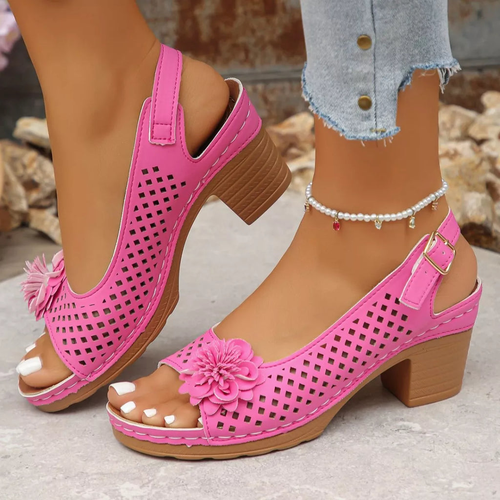 Floral Accent Block Heel Sandals in Black for Women