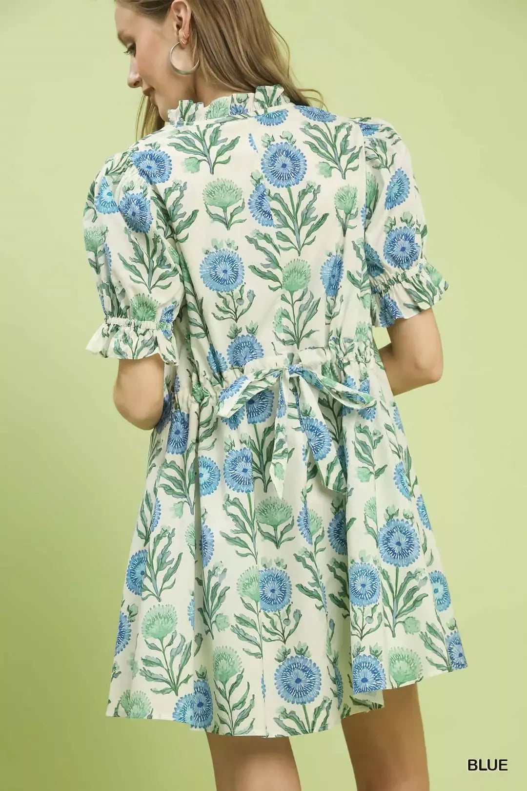 Floral Puff Sleeve Babydoll Dress with Side Pockets in Blue for Women