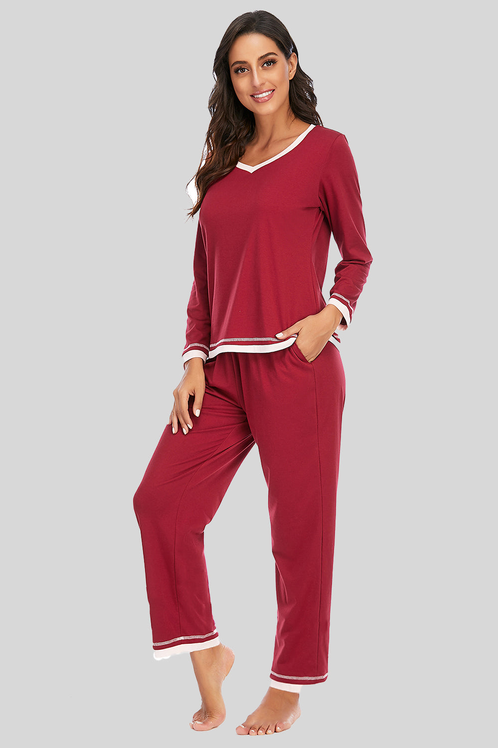 V-Neck Top and Pants Lounge Set in Charcoal for Women