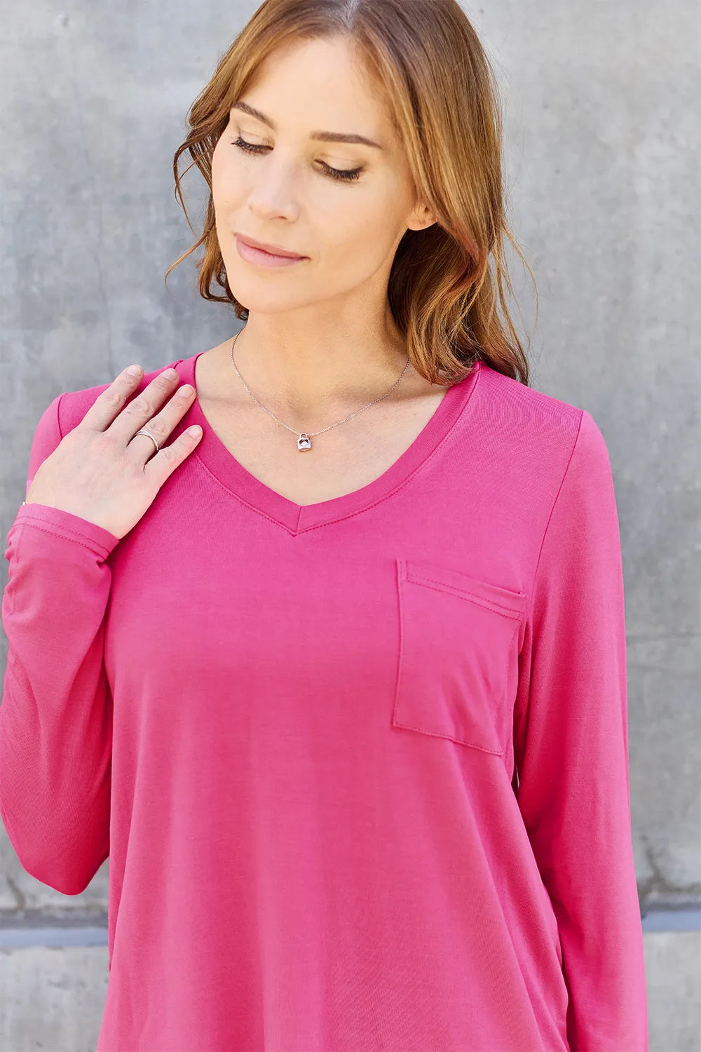 Plus Size V-Neck Long Sleeve Top in Hot Pink for Women