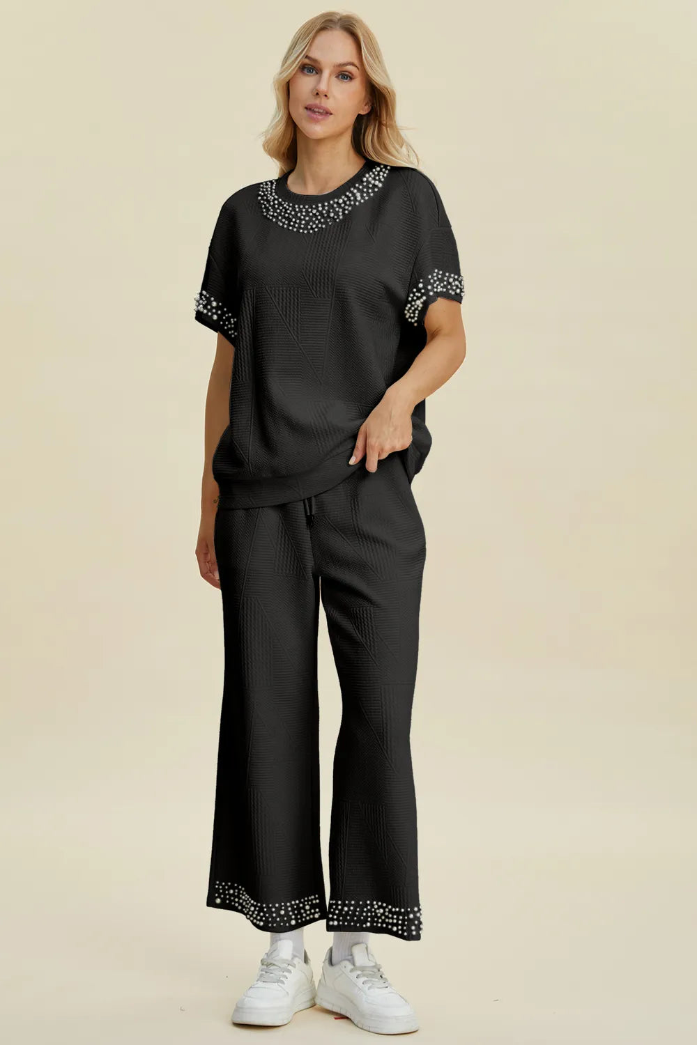 Plus Size Pearl Detail Round Neck Top and Pants Set in Black for Women