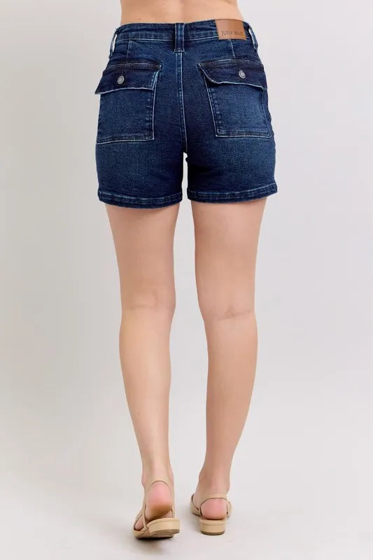 High Waist Back Flap Pocket Denim Shorts Plus Size in Md for Women