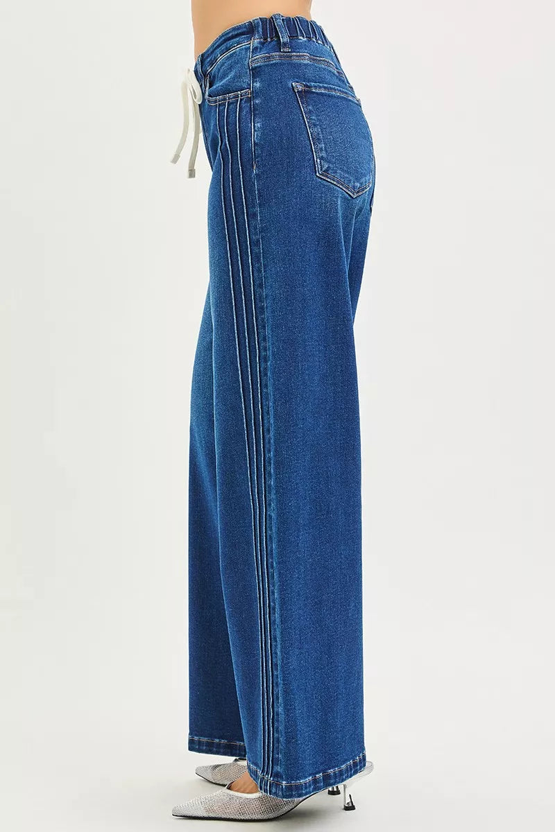 Mid Rise Wide Side Pintuck Jeans with Front Drawstring Plus Size in Dark for Women