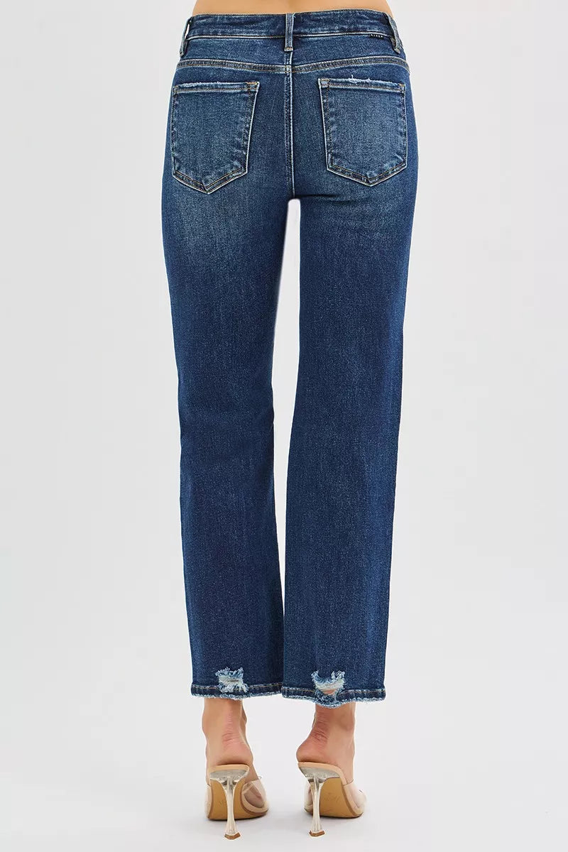 High Rise Crop Slim Straight Jenas with Hidden Knee Patch in Dark for Women