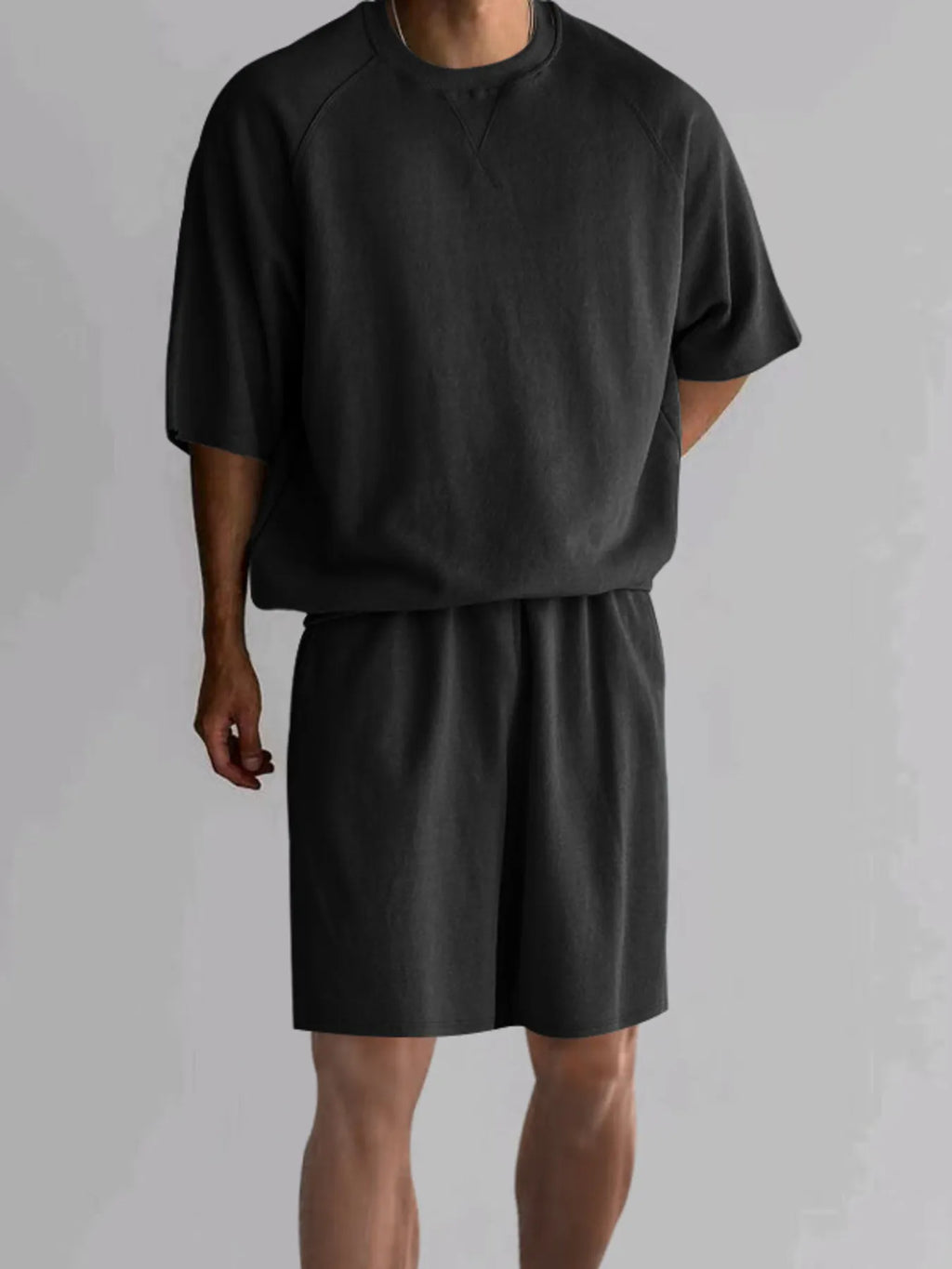 Round Neck Top and Shorts Set Plus Size in Black for Men