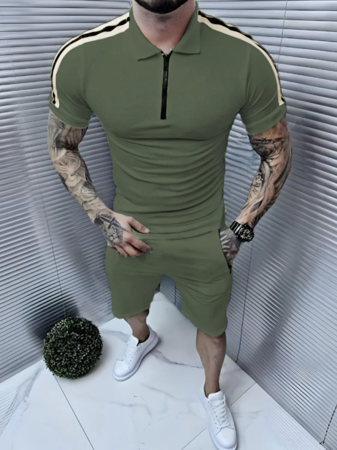 Collared Neck Short Sleeve Top and Shorts Set in Black for Men
