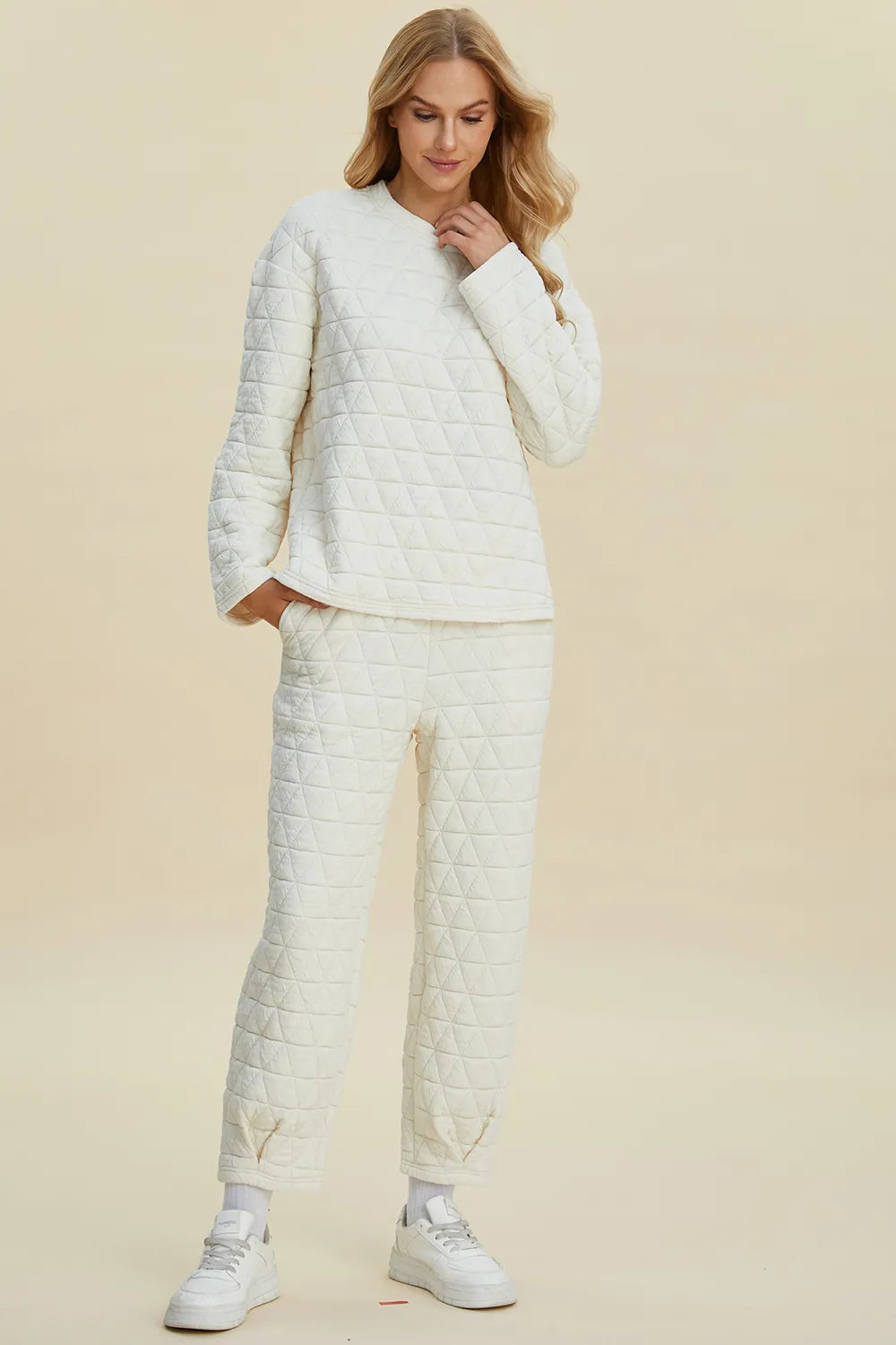 Plus Size Texture Round Neck Long Sleeve Top and Pants Set in Beige for Women