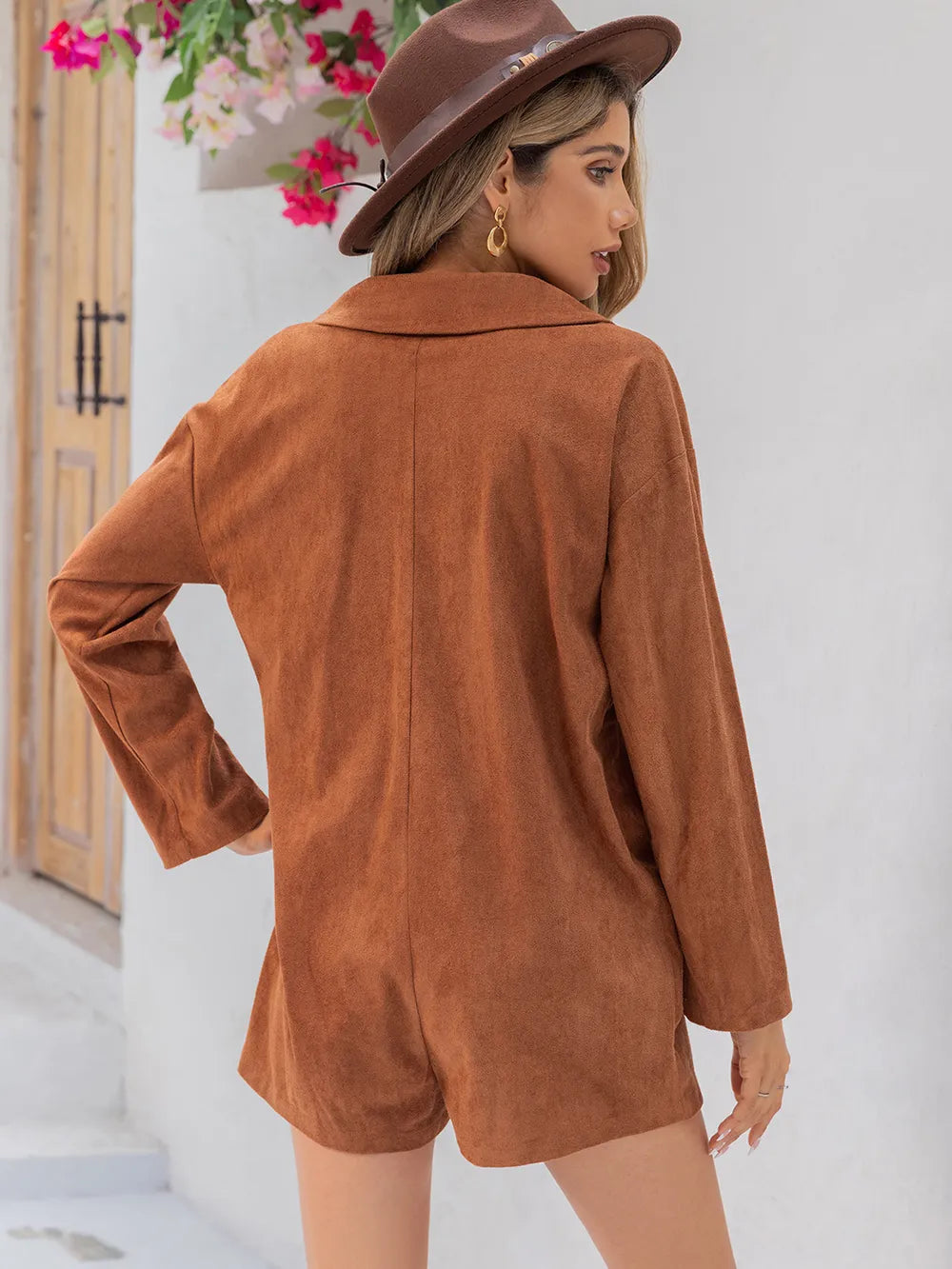 Lapel Collar Long Sleeve Romper in Caramel for Women