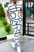 Geo Print Short Sleeve Top and Pants Set Plus Size in White for Men