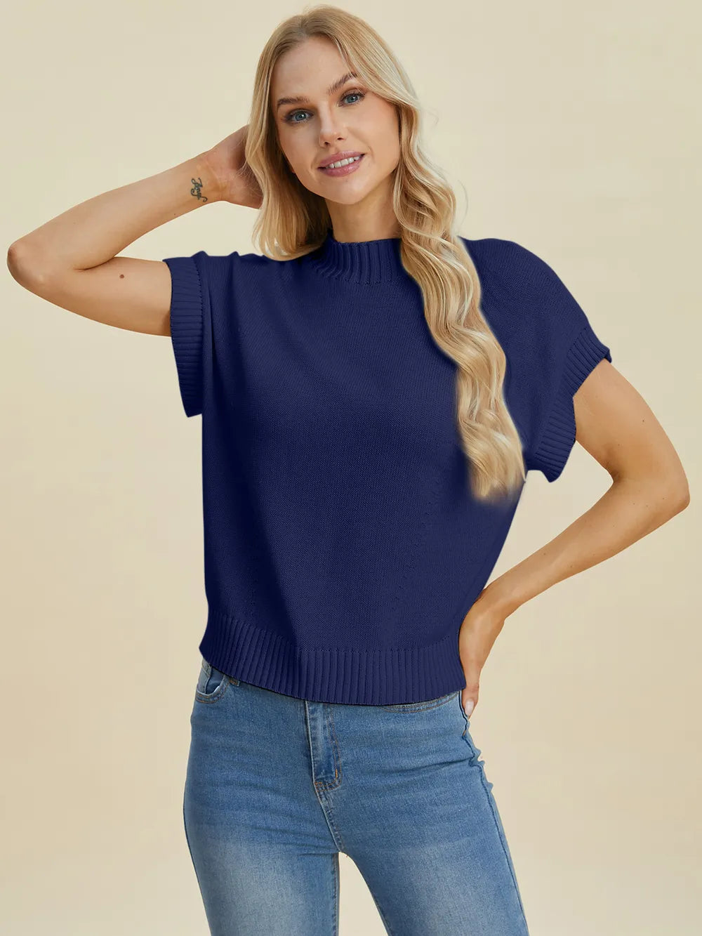 Plus Size Mock Neck Short Sleeve Sweater in Black for Women