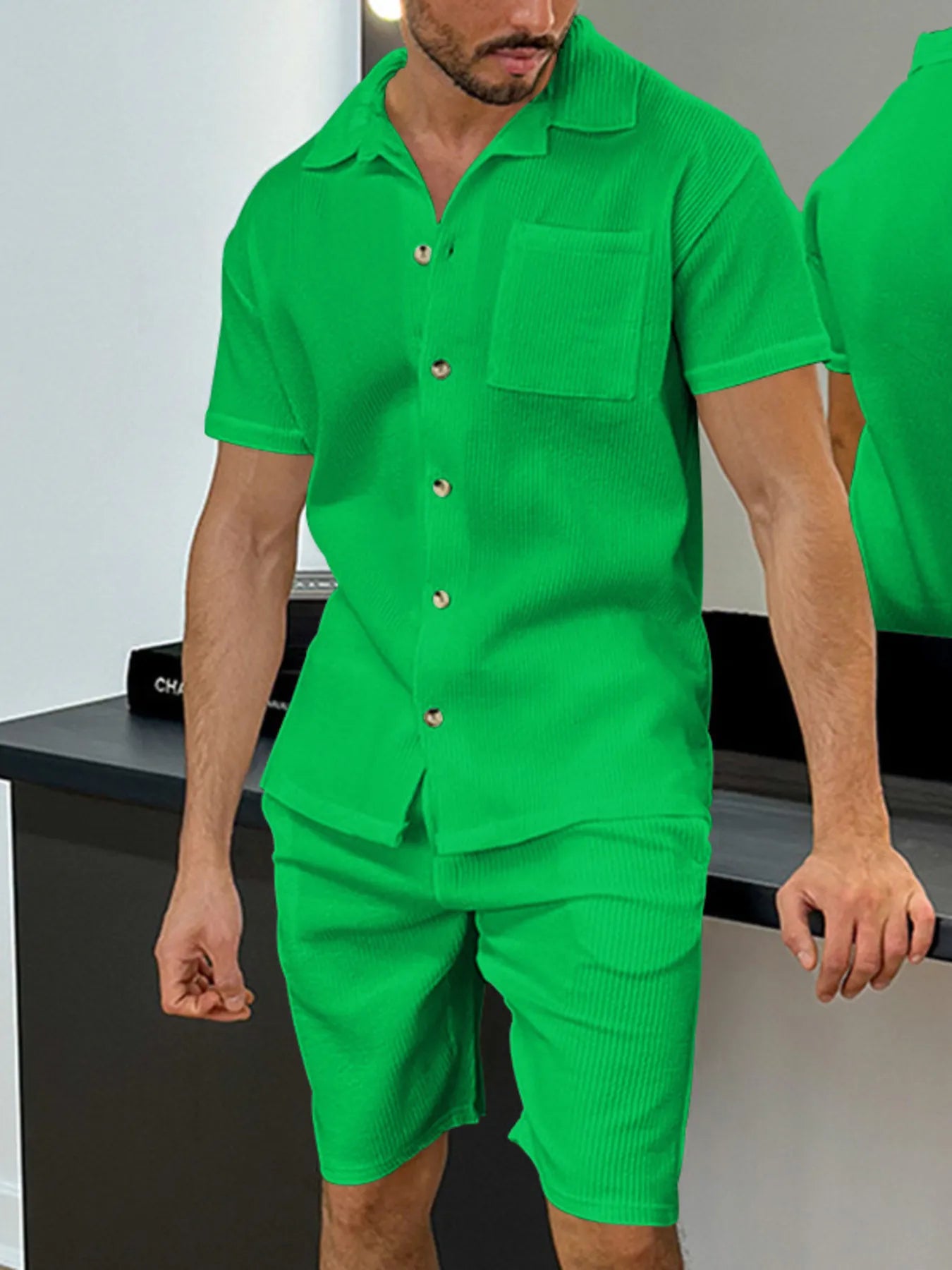 Button Up Top and Shorts Set Plus Size in White for Men