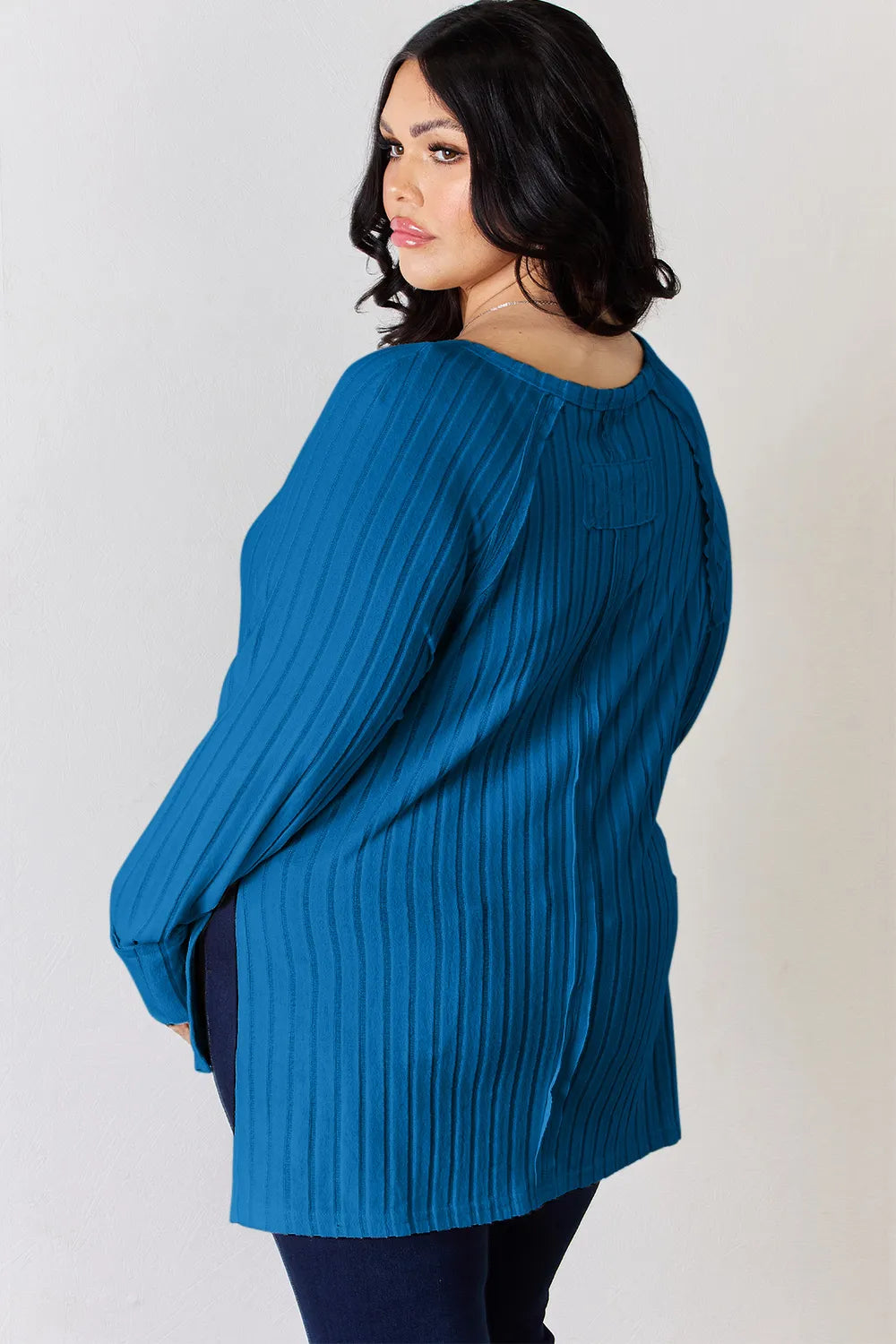 Plus Size Ribbed Round Neck Slit T-Shirt for Women