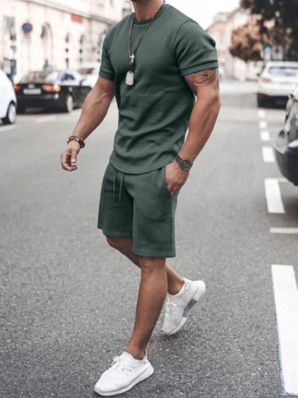 Plus Size Round Neck Short Sleeve Top and Shorts Set in White in Black for Men