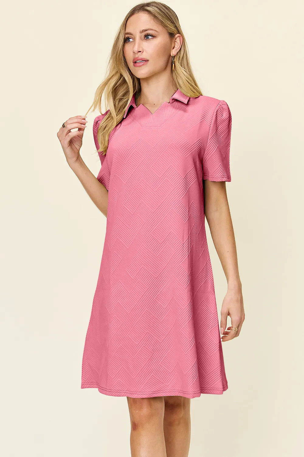 Plus Size Texture Collared Neck Short Sleeve Dress in Tangerine for Women