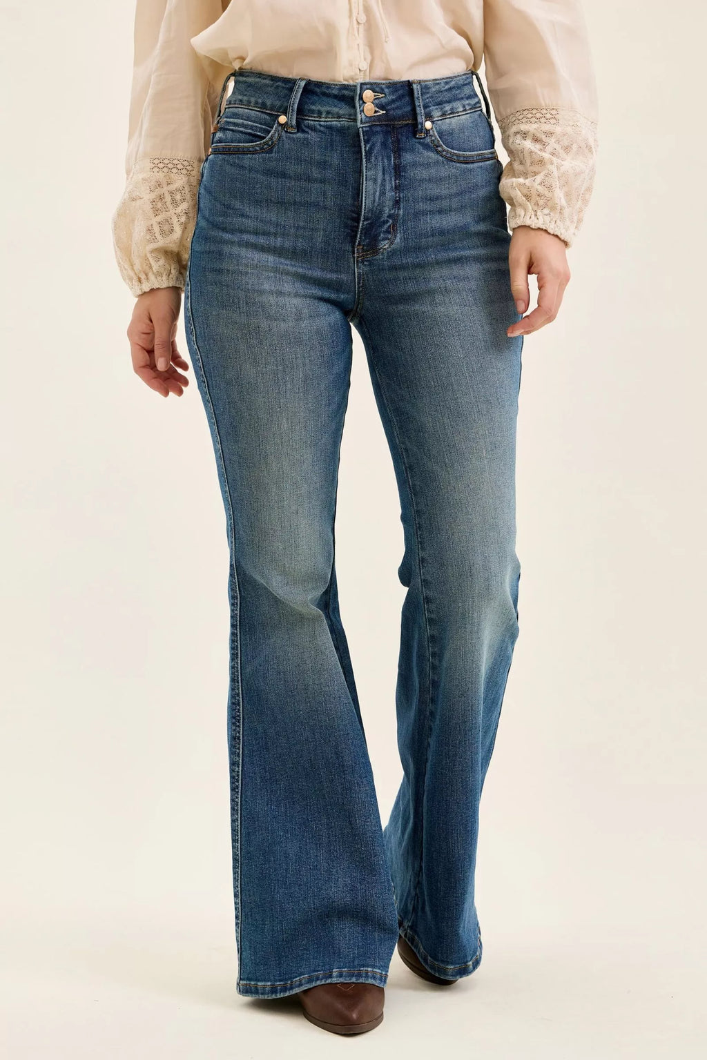 High Waist Double Button Tummy Control Flare Jeans in Dark for Women