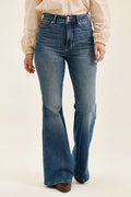 High Waist Double Button Tummy Control Flare Jeans in Dark for Women
