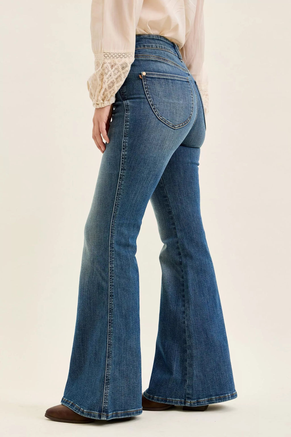 High Waist Double Button Tummy Control Flare Jeans in Dark for Women