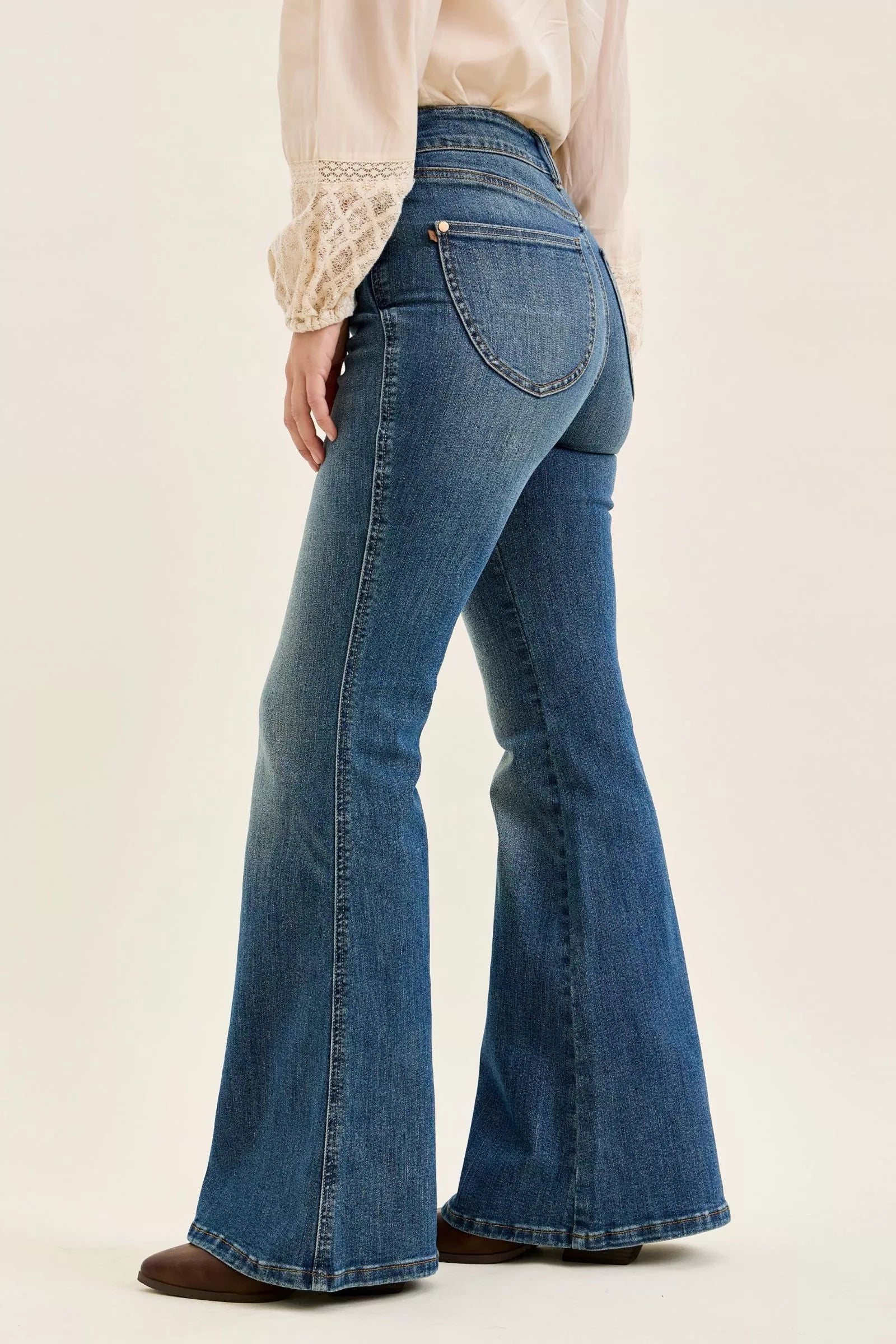 High Waist Double Button Tummy Control Flare Jeans in Dark for Women