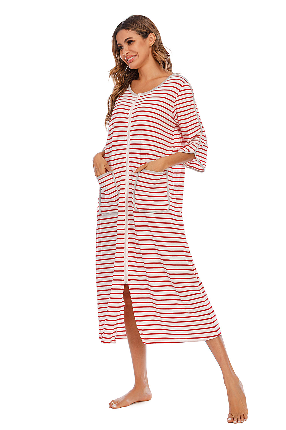 Round Neck Three-Quarter Sleeve Midi Night Dress in Charcoal for Women