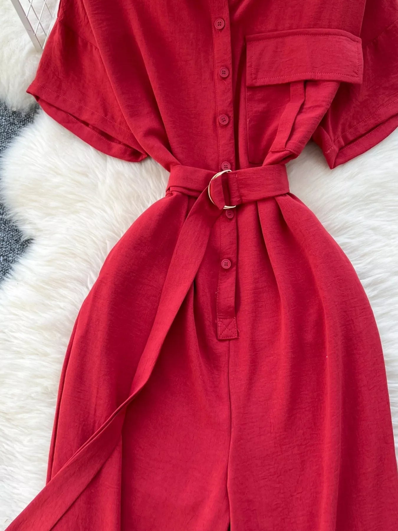 Red Button Front Wide Leg Jumpsuit in Green for Women