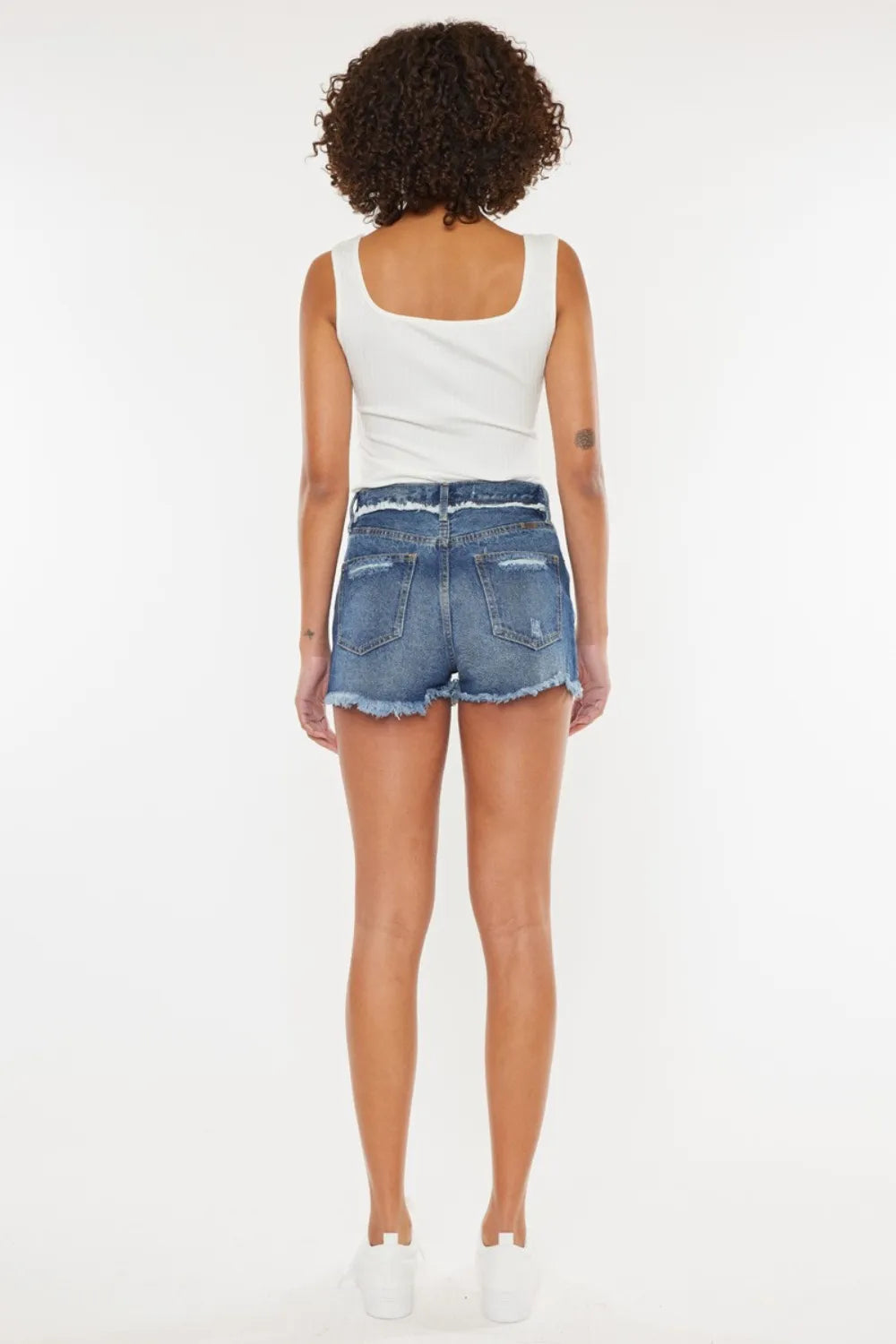 Distressed Button Fly Denim Shorts in Dark for Women