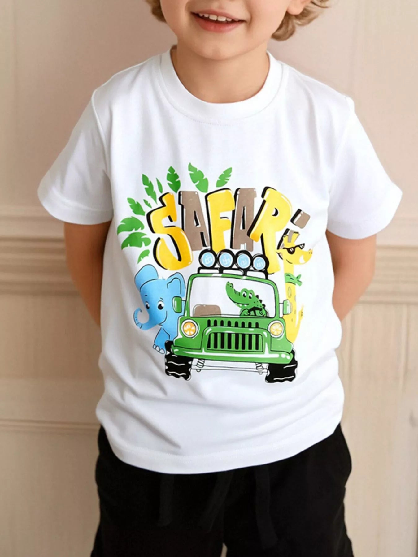Animal Graphic Round Neck Tee in White for Boys