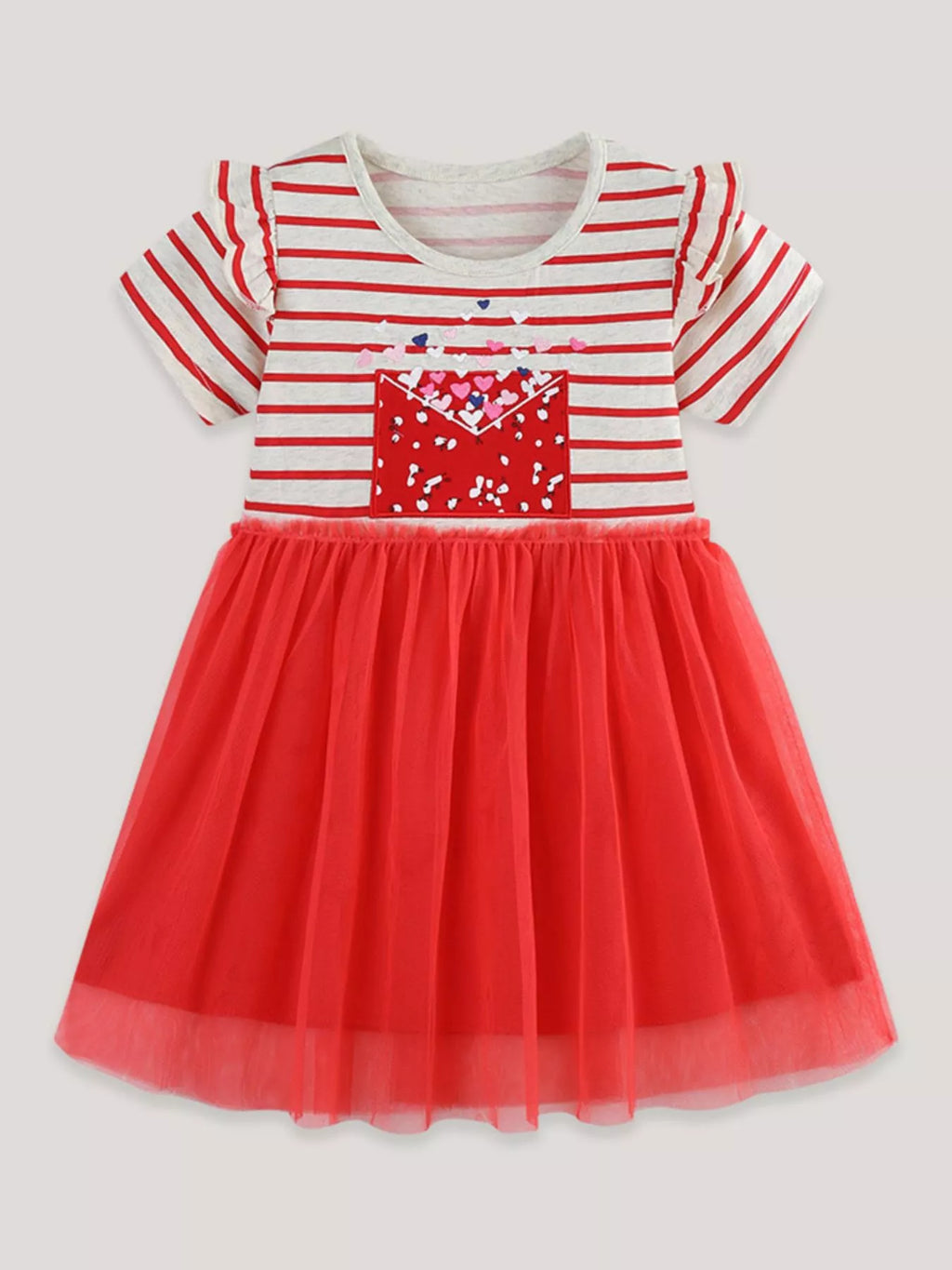 Striped Short Sleeve Tulle Dress in Red for Girls