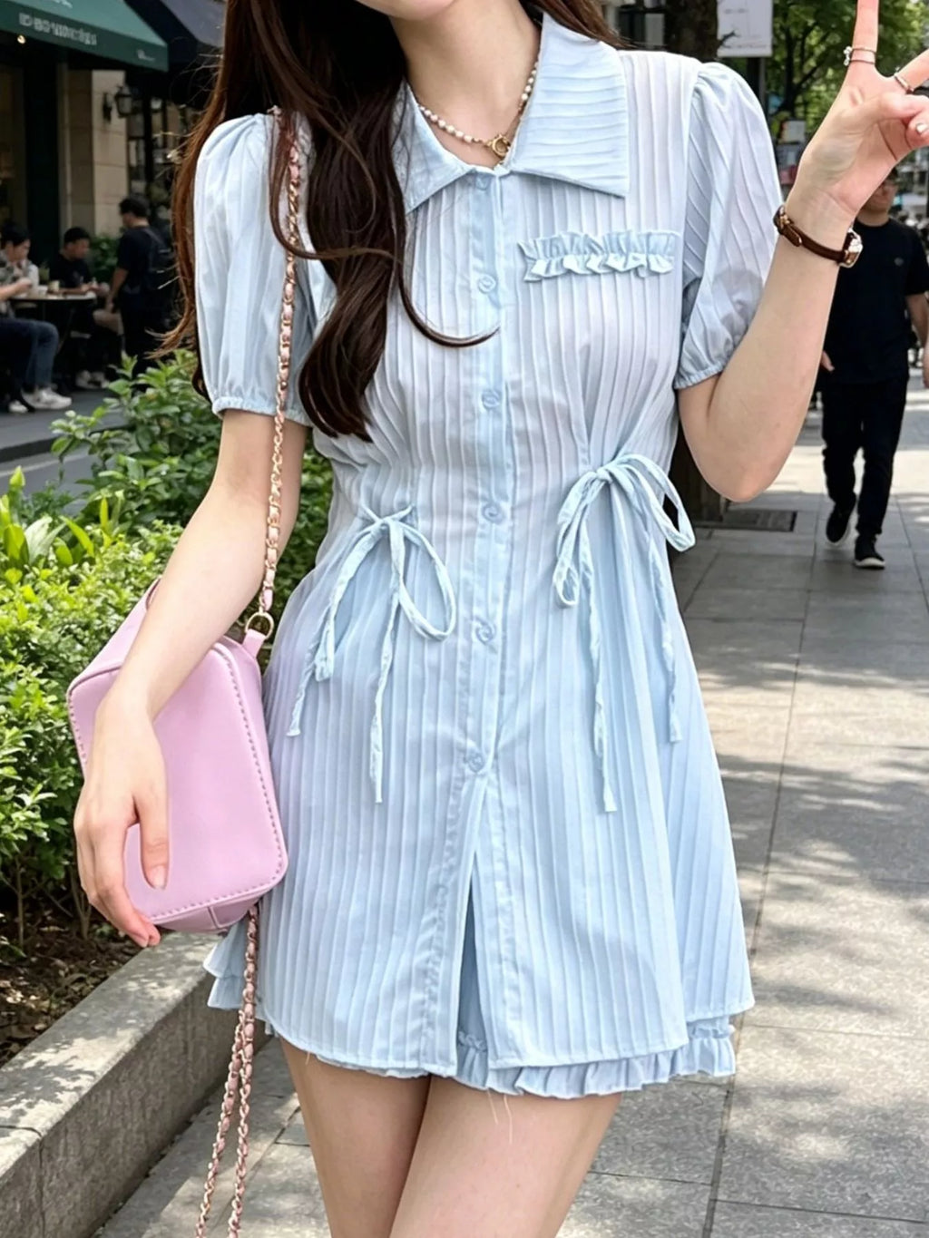 Tied Button Up Shirt and Shorts Set in Light Blue for Women