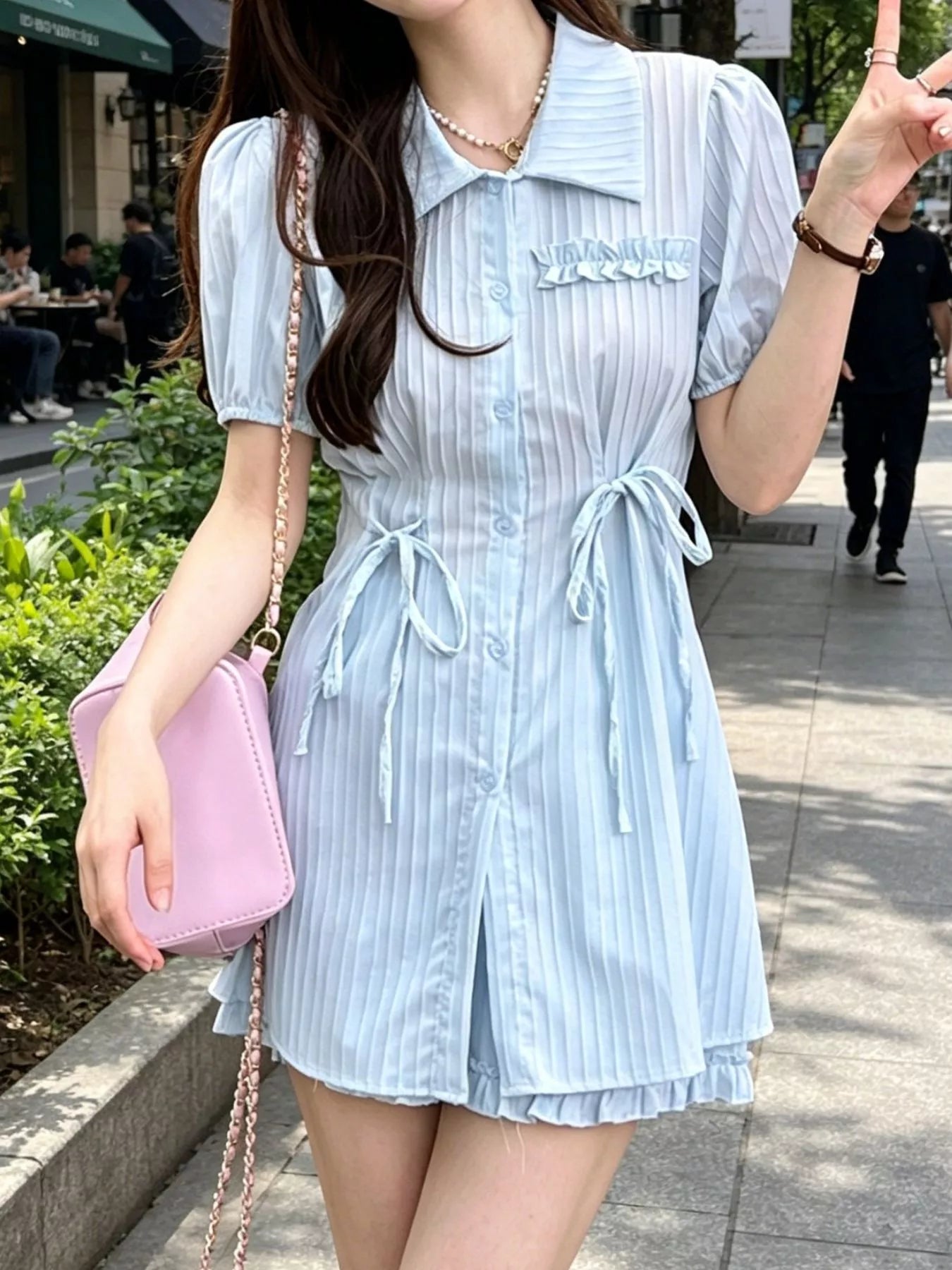 Tied Button Up Shirt and Shorts Set in Light Blue for Women