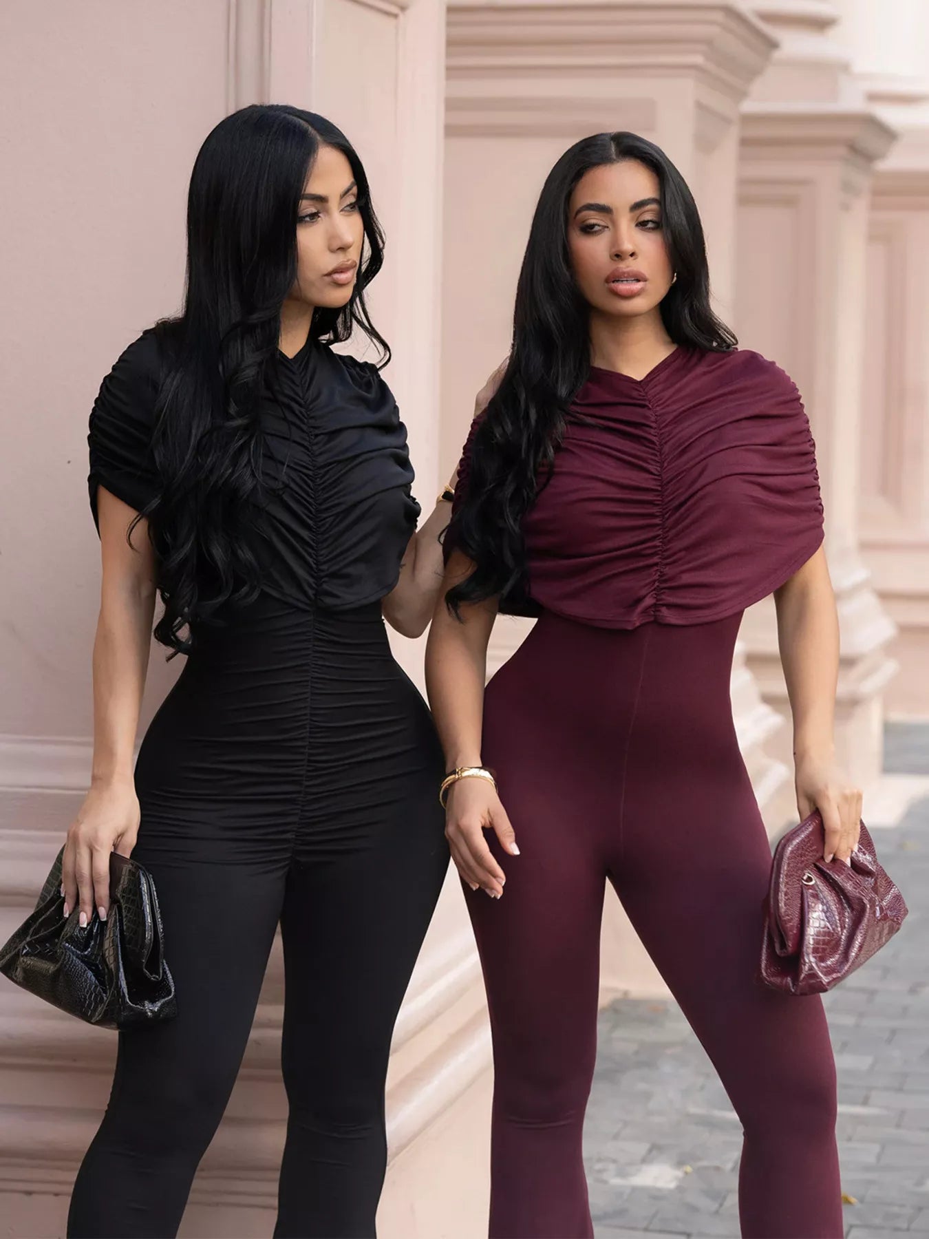 Ruched Flare Leg Jumpsuit in Burgundy for Women