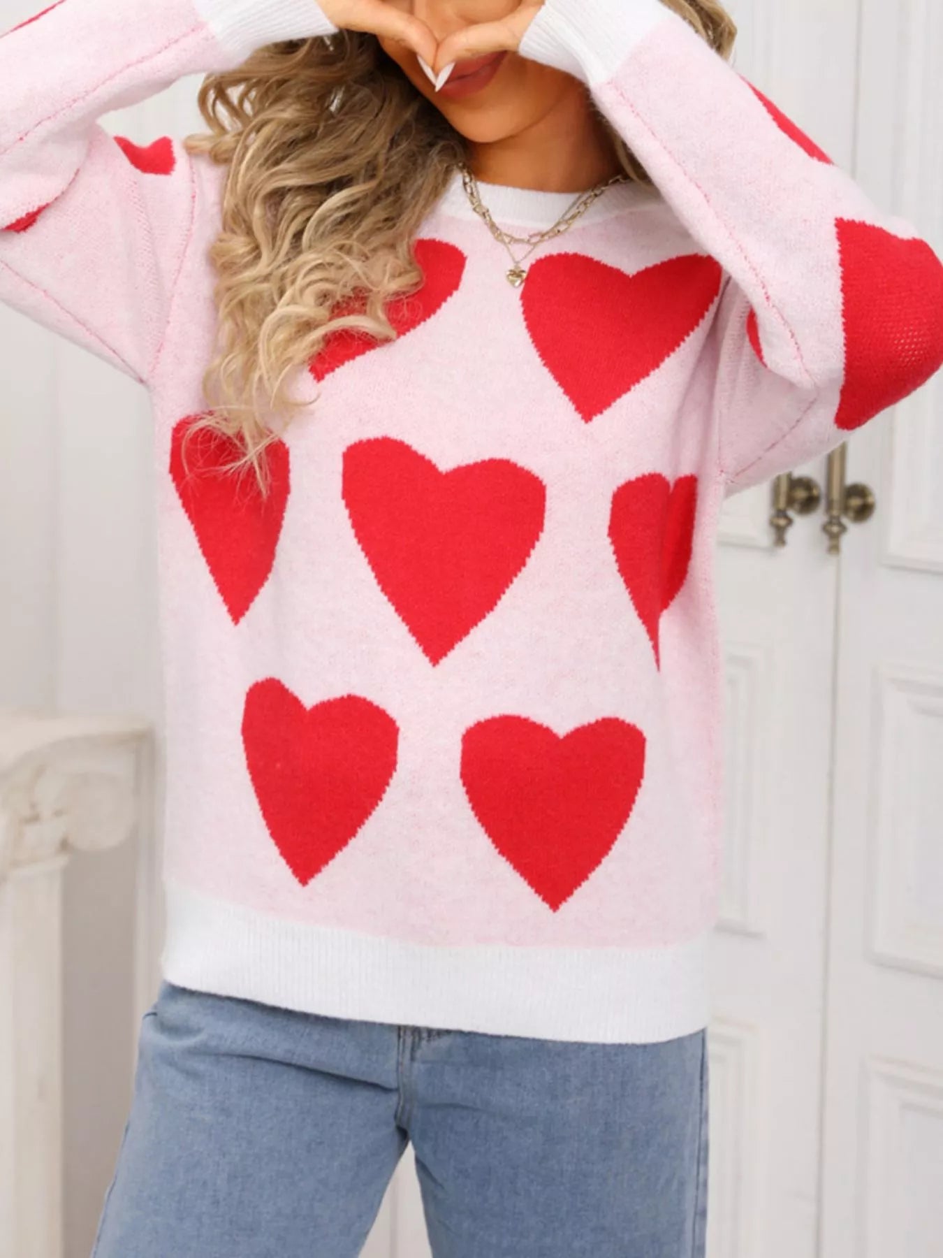 Valentines Day Heart Round Neck Knitted Sweater in White for Women