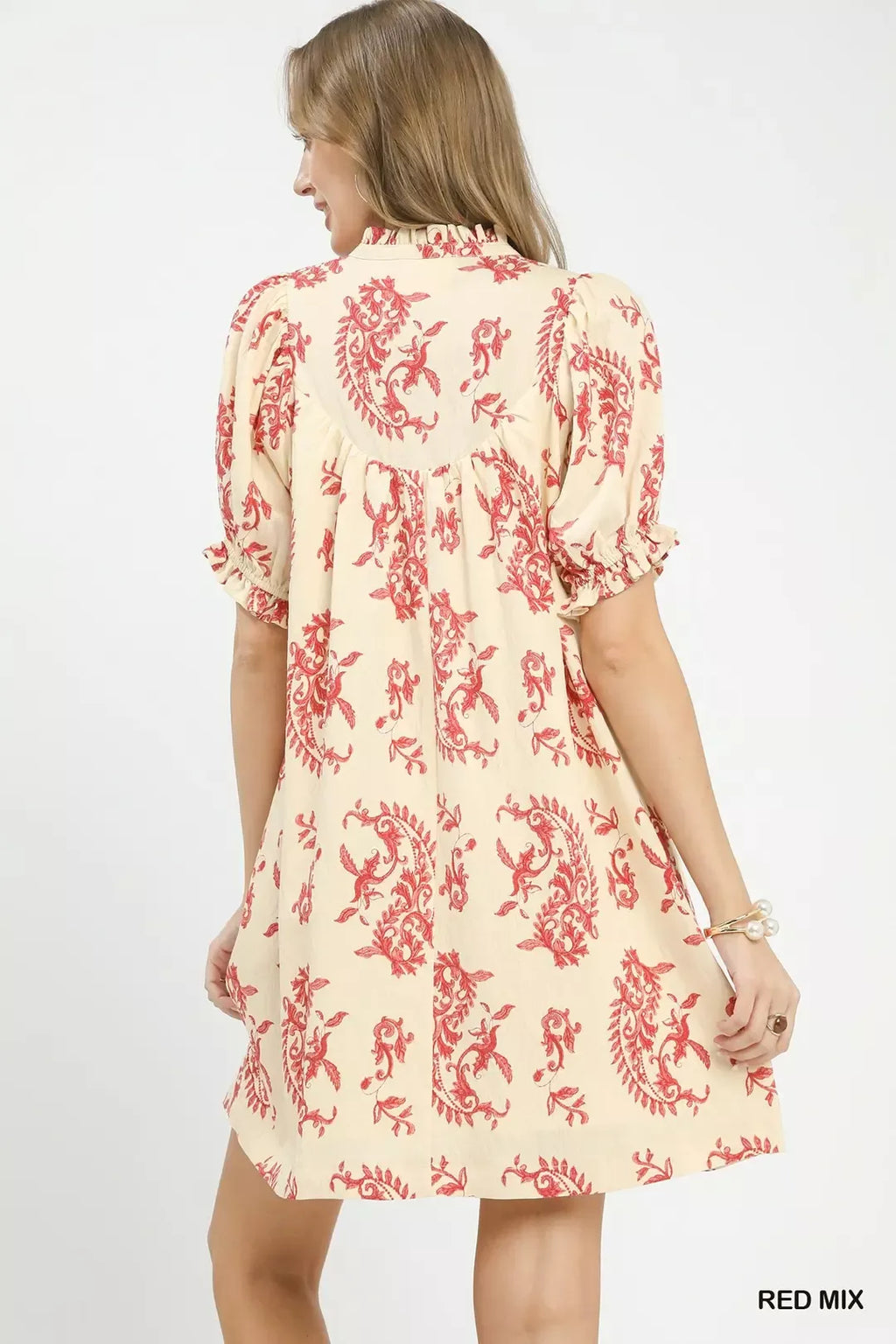 Mix Paisley Scallop Trim Dress in Red Mix for Women