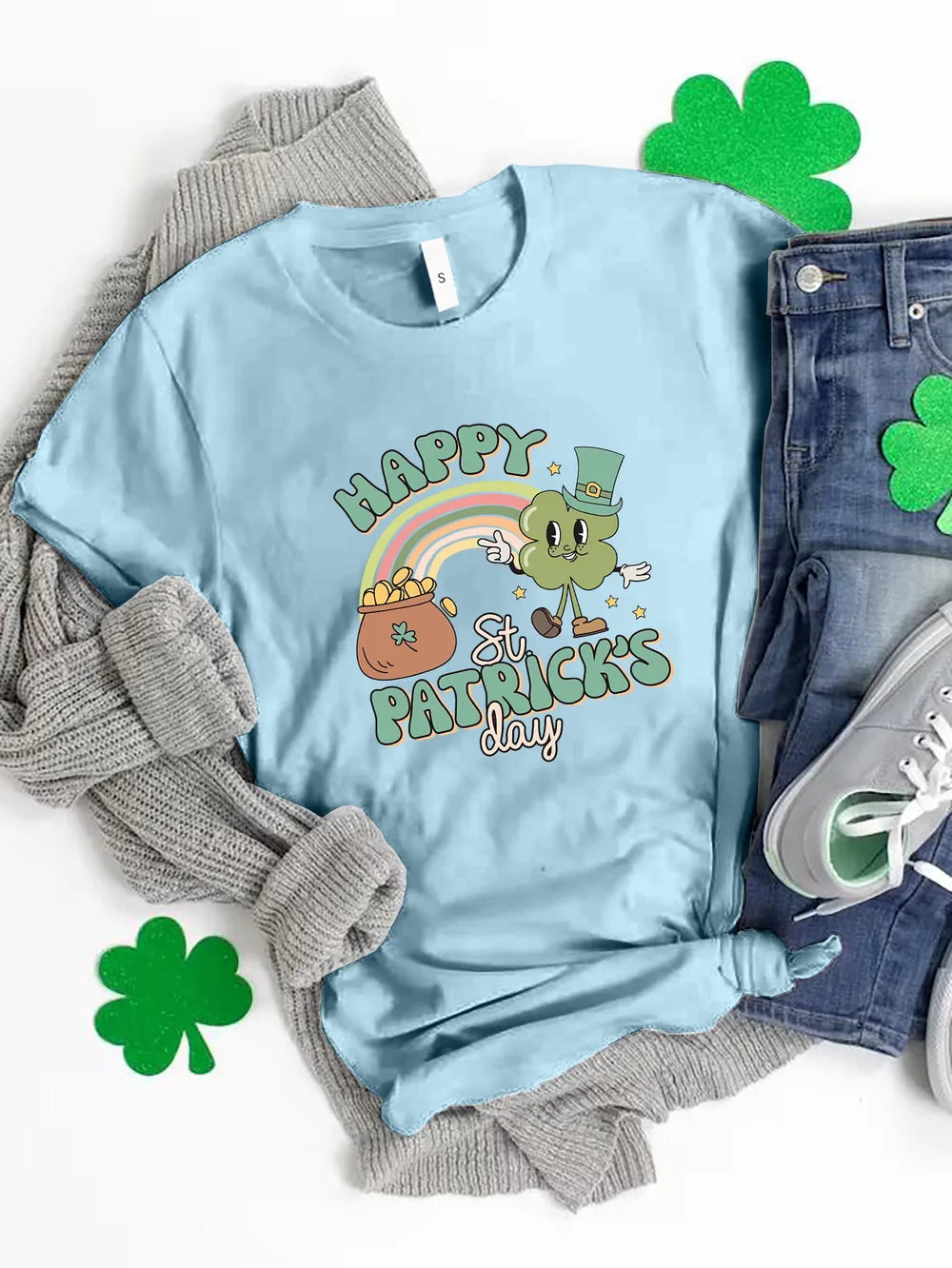 Happy St Patricks Day Round Neck T-Shirt in Light Blue for Women