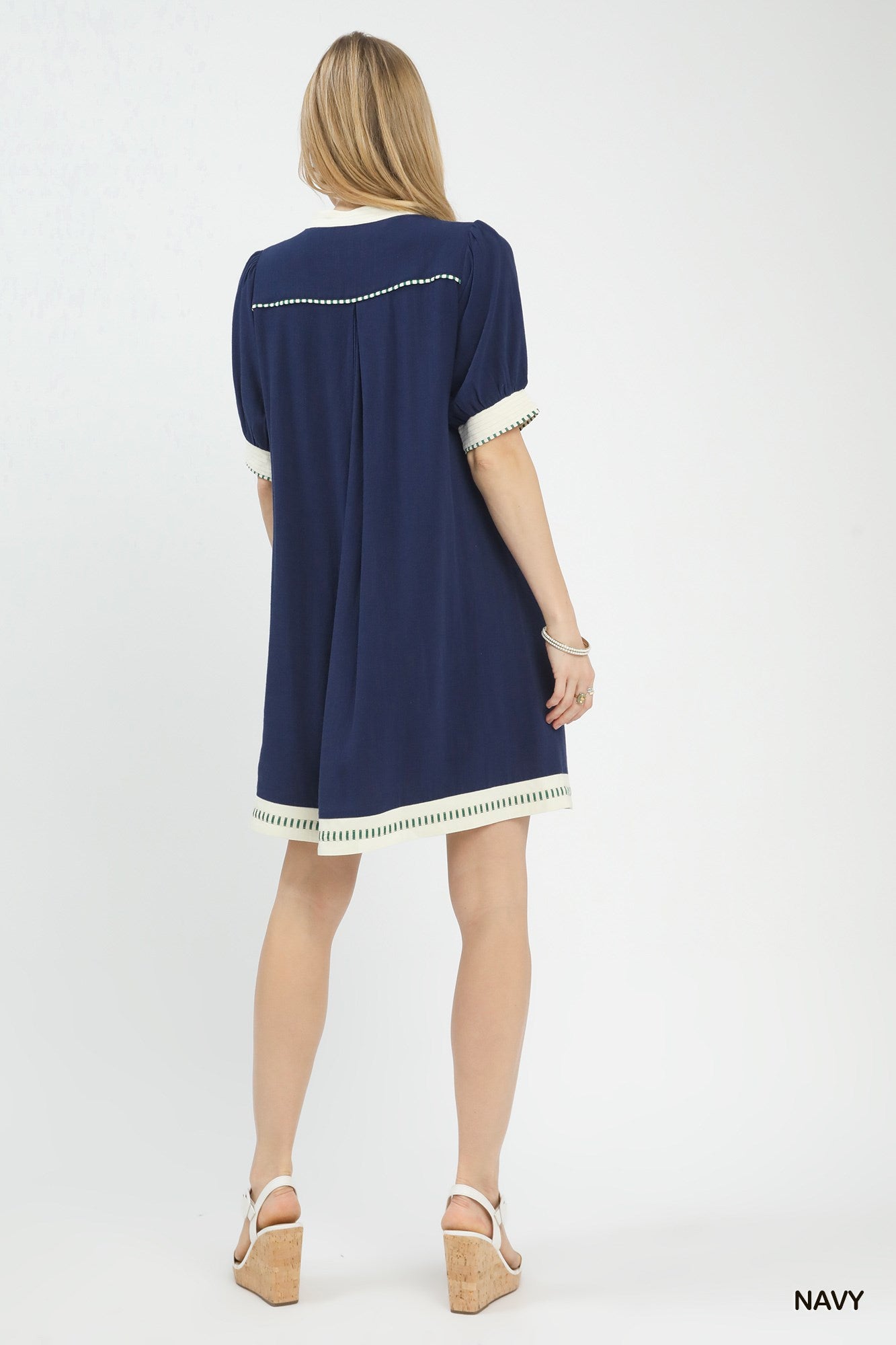 Linen Contrast Trim Midi Dress for Women