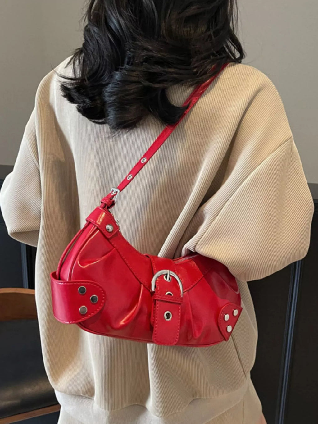Studded Buckle Shoulder Bag for Women