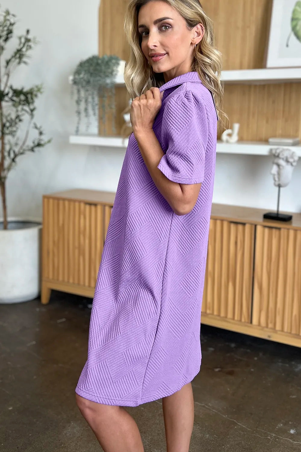 Plus Size Texture Collared Neck Short Sleeve Dress in Lavender for Women