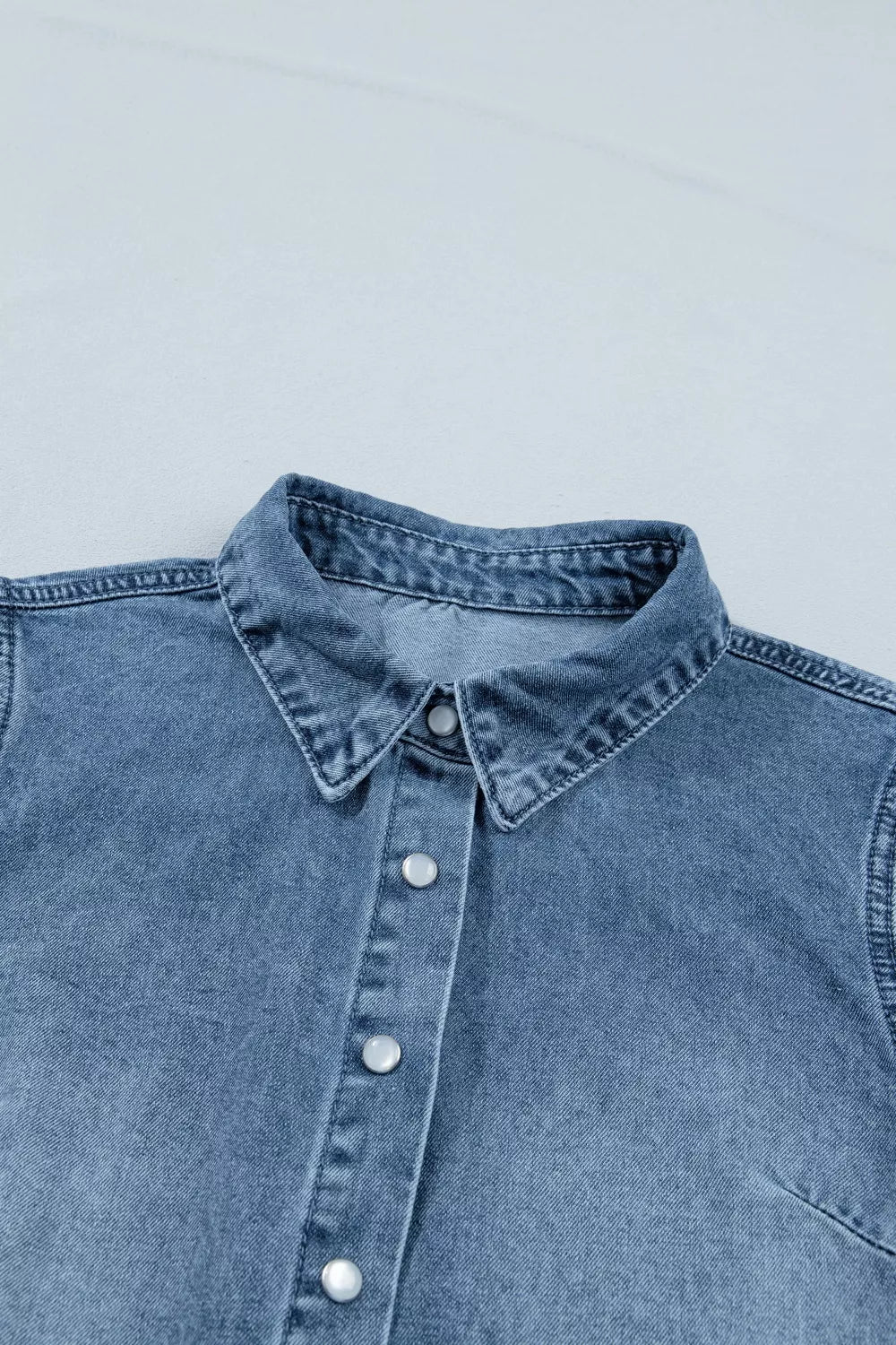 Frilled Short Sleeve Snap Button Denim Shirt for Women